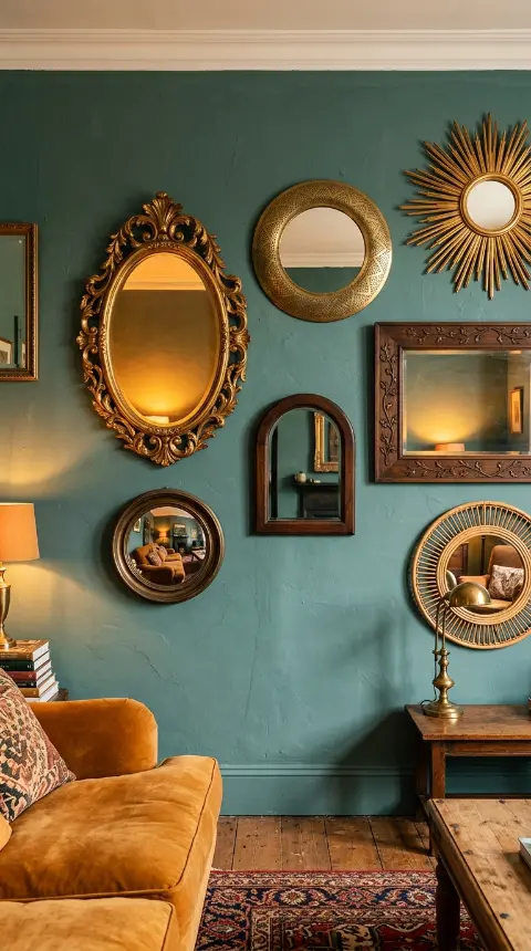 17 Bohemian Mirror Gallery Wall Living Room Vintage Eclectic 1 1. Bohemian Gallery Wall With Seven Mismatched Vintage Mirrors