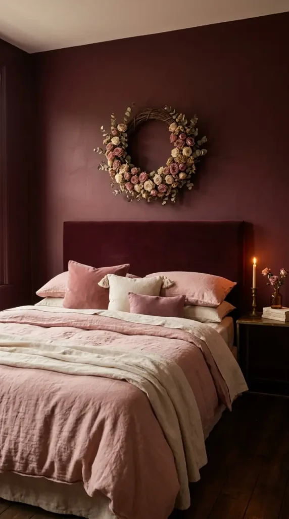 15 Bedroom Decor Colorful Blush Burgundy Romantic Style 1 1. Burgundy Painted Walls With Blush Linen Bed