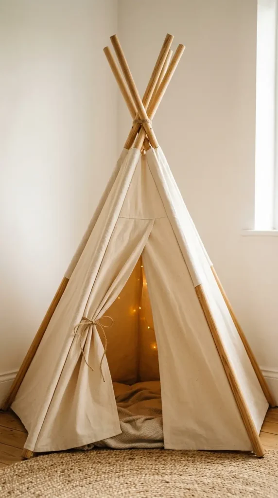 10 Kids Room Corner Decor Inspiration Cozy Reading Teepee 1 1. Choose a Natural Wood Pole Teepee in Cream or Neutral Canvas