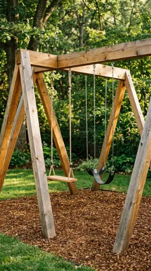 22 DIY Kids Playground With Cedar Swing Set and Slide 1 1. Classic Cedar A-Frame Swing Set With Two Swings