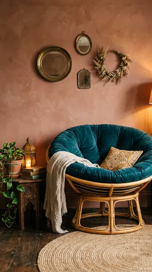 15 Bohemian Chair Ideas With a Cozy Rattan Papasan Look 1 1. Classic Single Rattan Papasan With Oversized Velvet Cushion