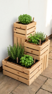 17 Herb Planter Ideas DIY Tiered Wooden Crate Stand 1 1. Classic Three-Tier Staircase Crate Stack