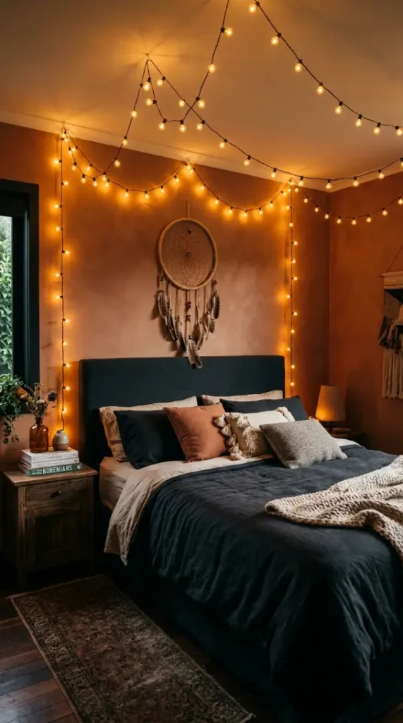 18 Bohemian Bed Dark Charcoal Fairy Light Dreamcatcher 1 1. Dark Charcoal Linen Bed With Fairy Light Canopy Overhead
