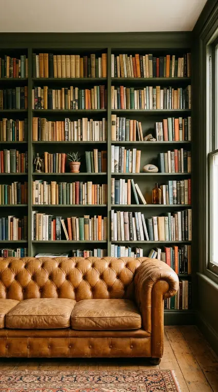 16 Bohemian Living Room Dark Olive Book Wall Chesterfield 1 1. Dark Olive Walls With Floor-to-Ceiling Painted Book Shelves
