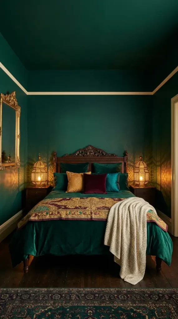12 Bedroom Decor Colorful Jewel Tone Emerald Gold Moody 1 1. Deep Emerald Green Painted Walls as Moody Bedroom Foundation