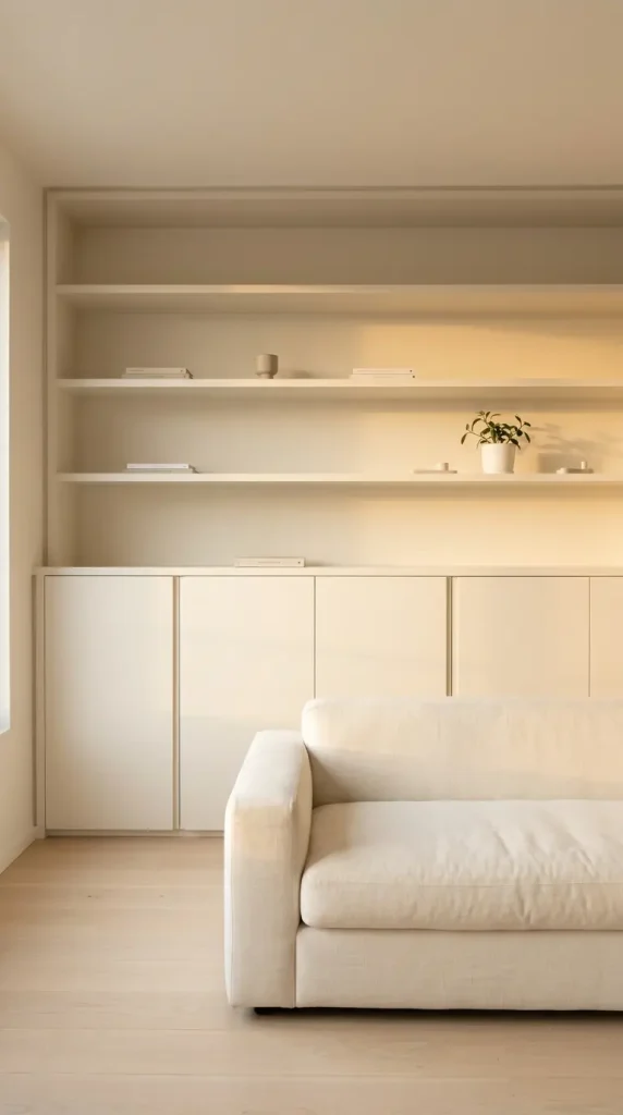 13 Minimalist Living Room Small Spaces Built-In Storage 1 1. Floor-to-Ceiling Built-In Cabinetry Wall — Painted to Match Wall