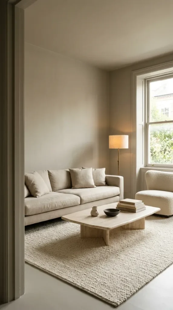 15 Cozy Minimalist Living Room Warm Greige Color Drenched 1 1. Full Color-Drenched Greige Room — Walls, Ceiling, and Trim in One Tone