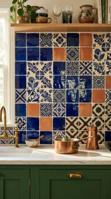 12 Bohemian Kitchen Ideas Global Patchwork Tile Copper Pots 1 1. Global Patchwork Tile Back Splash — Full Composition