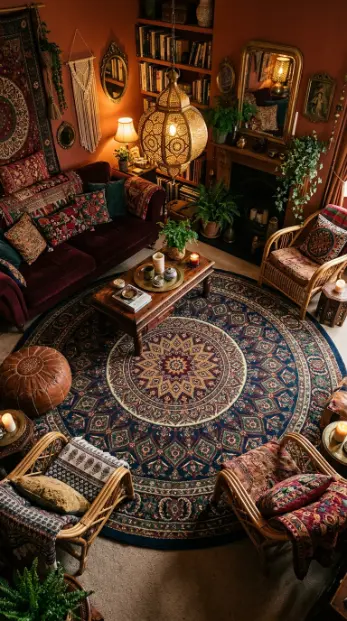 14 Bohemian Rugs Round Mandala Maximalist Colorful Room 1 1. Large Round Mandala Rug as Living Room Focal Point