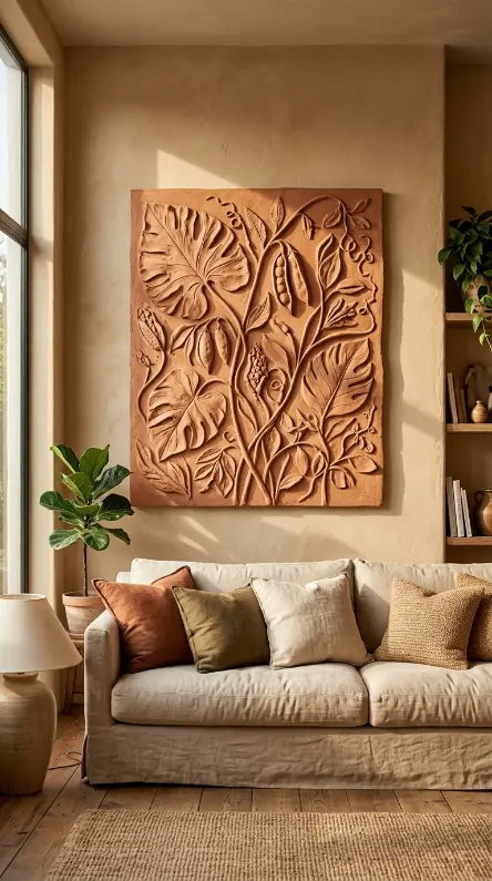 14 Bohemian Wall Decor Terracotta Ceramic Relief Mixed Media 1 1. Large Terracotta Relief Panel as Statement Piece