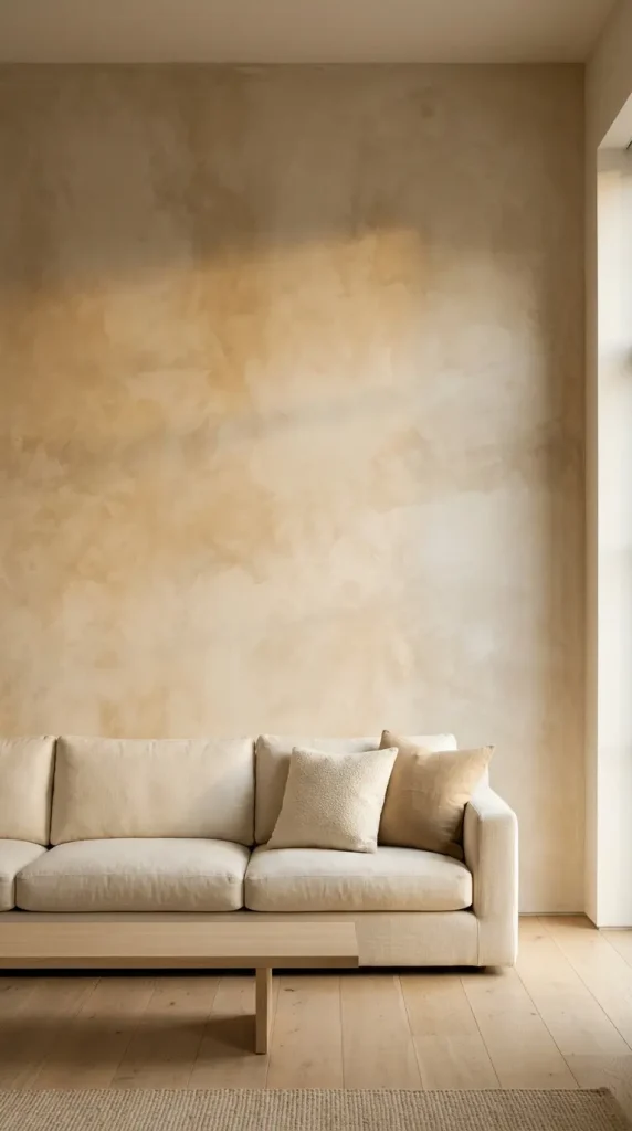 22 Minimalist Living Room Decor Ideas Sculptural Plaster 1 1. Limewash Plaster Feature Wall — The Wall as the Art
