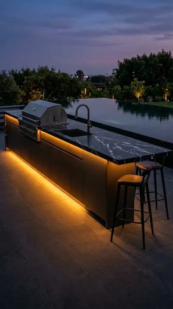 20 High End Outdoor Kitchen Inspiration Dark Moody Style 1 1. Nero Marquina Marble Counter With Dark Steel Cabinet Base