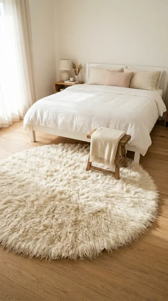 20 Cute Rugs Ideas for Bedrooms That Make You Want to Stay in Bed Forever 1 1. Round Fluffy Ivory Shag Rug