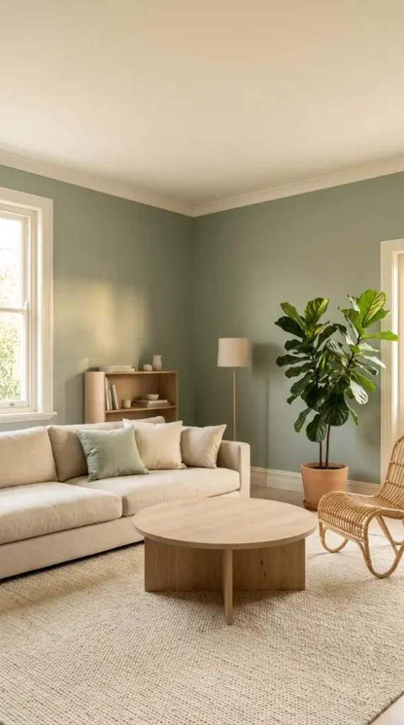 14 Living Room Decor Color Schemes Sage Green Warm White 1 1. Sage Green Walls With Warm White Trim and Ceiling