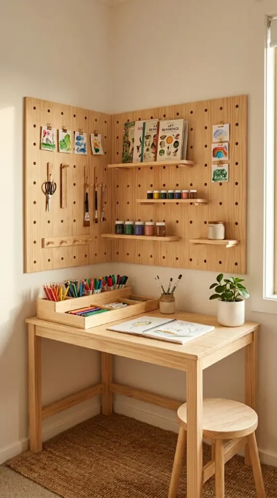 12 Kids Room Corner Decor Inspiration Art Station Creative 1 1. Simple Timber Desk in Corner With Open Pegboard Above