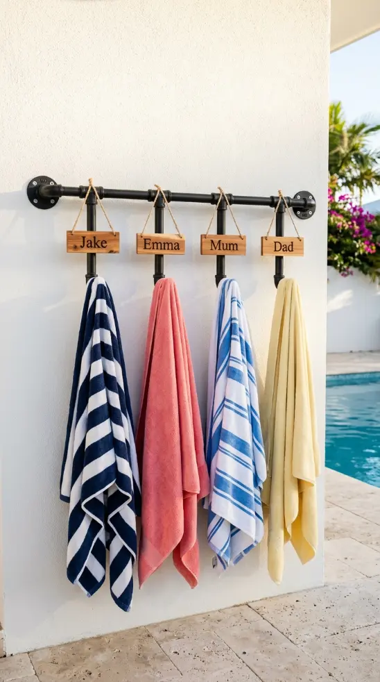 20 Pool Towel Rack Ideas DIY Industrial Pipe Name Tags 1 1. Single Horizontal Pipe Rack with Cedar Name Tags