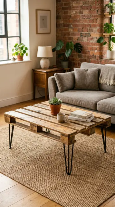 12 Rustic Wood Pallet Tables Inspiration Hairpin Leg Coffee 1 1. Single Pallet Coffee Table on Classic Three-Rod Hairpin Legs