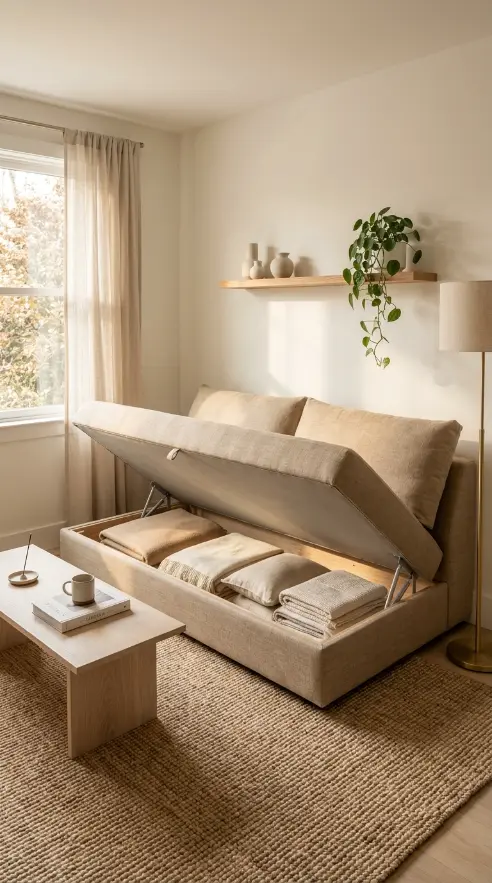 20 Minimalist Living Room Small Spaces Multifunctional 1 1. Sofa With Built-In Storage Base