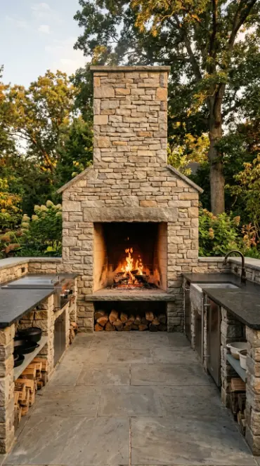 22 Outdoor Kitchen Ideas Rustic Stone With Fireplace 1 1. Stacked Fieldstone Kitchen With Central Fireplace