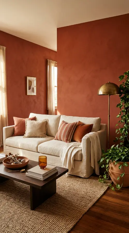 16 Living Room Decor Color Schemes Warm Terracotta Cream 1 1. Terracotta Painted Walls With Cream Linen Sofa