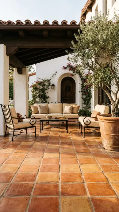 18 Outdoor Living Space Design Spanish Revival Arched Tile 1 1. Terracotta Saltillo Tile Flooring as Outdoor Living Foundation