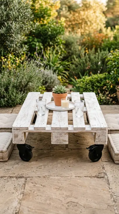 18 Pallet Table DIY Whitewashed Outdoor Patio Wheels 1 1. The Classic Single Pallet Whitewashed Coffee Table on Lockable Castors