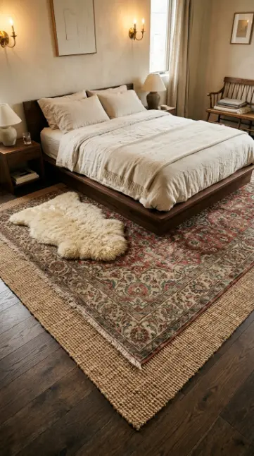 22 Cozy Warm Bedroom Aesthetic Vintage Brass Layered Rugs 1 1. The Foundational Layered Rug Combination
