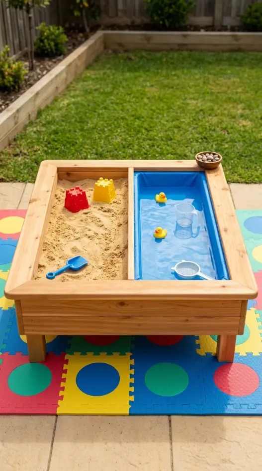 22 DIY Kids Playground Sandbox and Water Table for Small Yards 1 1. Two-In-One Raised Combo Sandbox and Water Table Unit