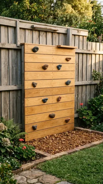 20 DIY Jungle Gym Small Space Compact Tiny Backyard 1 1. Vertical Cedar Climbing Wall Against Fence