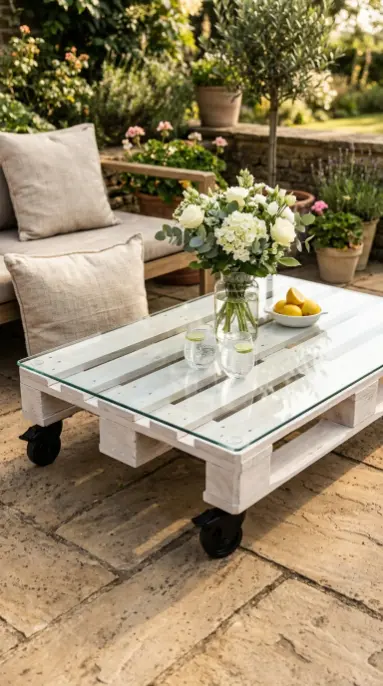18 Pallet Table DIY Whitewashed Outdoor Patio Wheels 10 10. Add a Glass Top to the Whitewashed Pallet Table for a Polished Finish