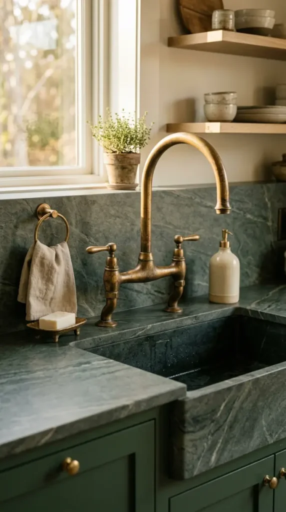 18 Modern Boho Kitchen Ideas Forest Green Soapstone Brass 10 10. Aged Brass Kitchen Faucet as a Sculptural Object