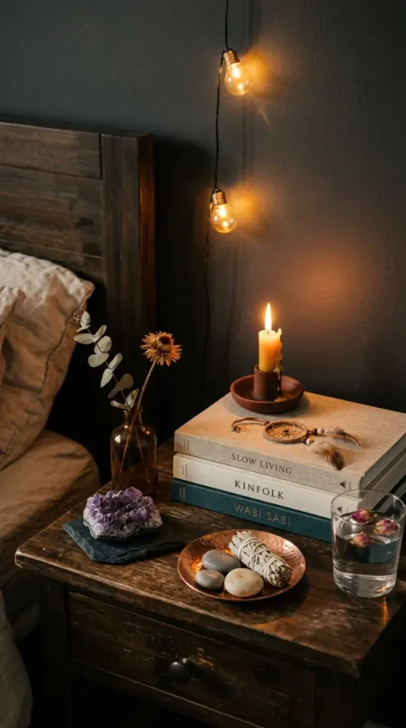 18 Bohemian Bed Dark Charcoal Fairy Light Dreamcatcher 10 10. Bedside Vignette — Copper, Crystal, and Fairy Light Glow