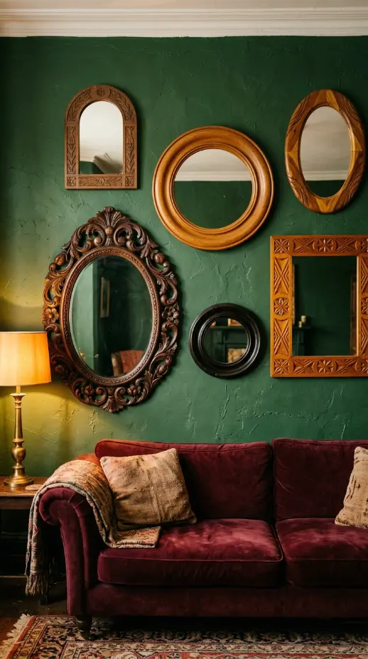 17 Bohemian Mirror Gallery Wall Living Room Vintage Eclectic 10 10. Carved Wooden Mirror Collection in Bohemian Living Room
