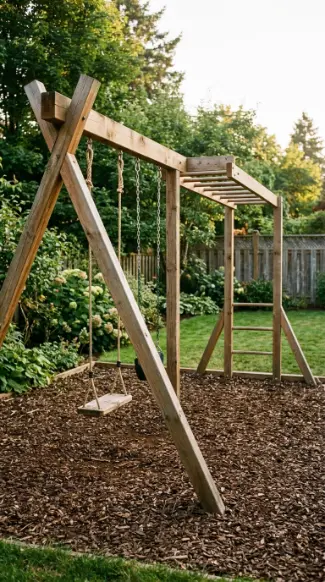 22 DIY Kids Playground With Cedar Swing Set and Slide 10 10. Cedar Swing Set With Attached Horizontal Monkey Bars