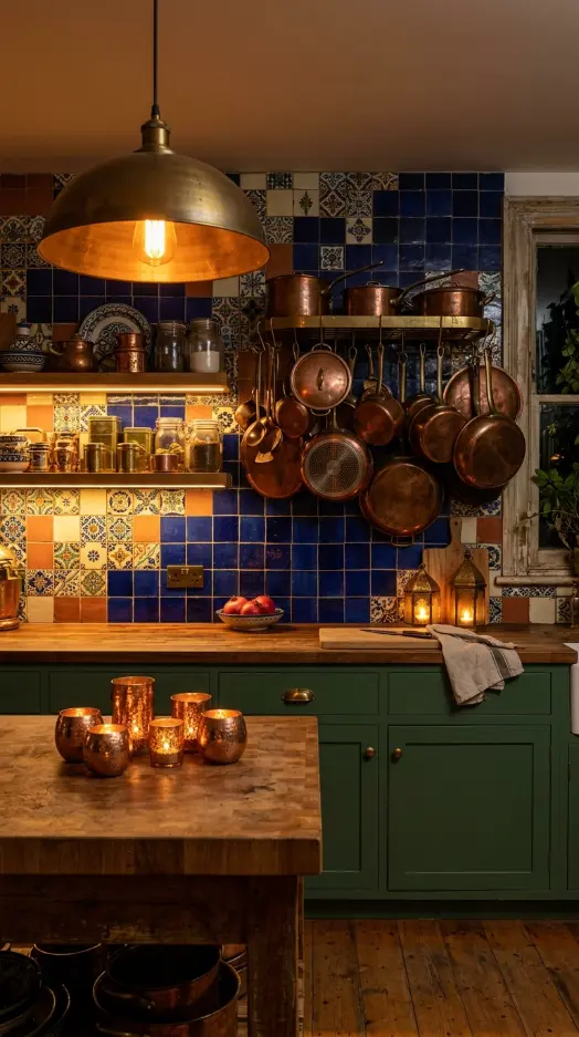 12 Bohemian Kitchen Ideas Global Patchwork Tile Copper Pots 10 10. Copper-Lit Kitchen at Evening With Warm Amber Atmospheric Lighting