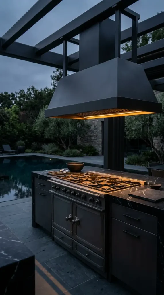 20 High End Outdoor Kitchen Inspiration Dark Moody Style 10 10. Dark Moody Outdoor Kitchen With Premium Outdoor Range and Hood