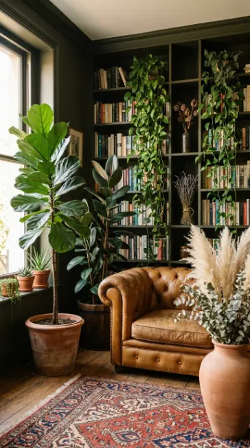16 Bohemian Living Room Dark Olive Book Wall Chesterfield 10 10. Dark Olive Living Room With Botanicals and Indoor Plants