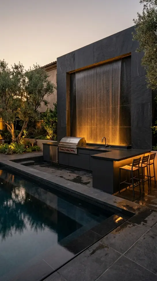 24 Outdoor Kitchen Ideas Luxury Resort Style With Pool 10 10. Dark Timber and Stone Outdoor Kitchen With Cascading Water Wall