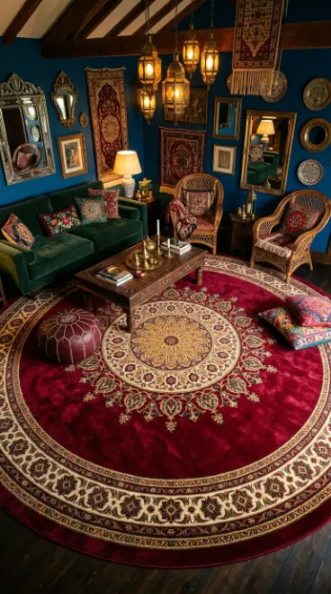 14 Bohemian Rugs Round Mandala Maximalist Colorful Room 10 10. Deep Crimson and Gold Round Mandala Rug as Room's Only Floor Coverage