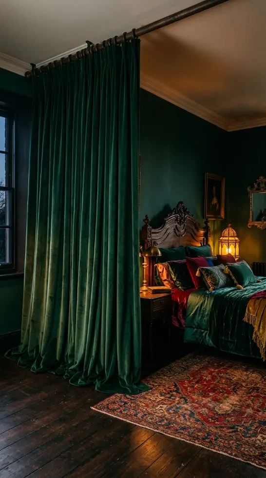 12 Bedroom Decor Colorful Jewel Tone Emerald Gold Moody 10 10. Emerald Bedroom With Dark Jewel-Tone Velvet Curtains
