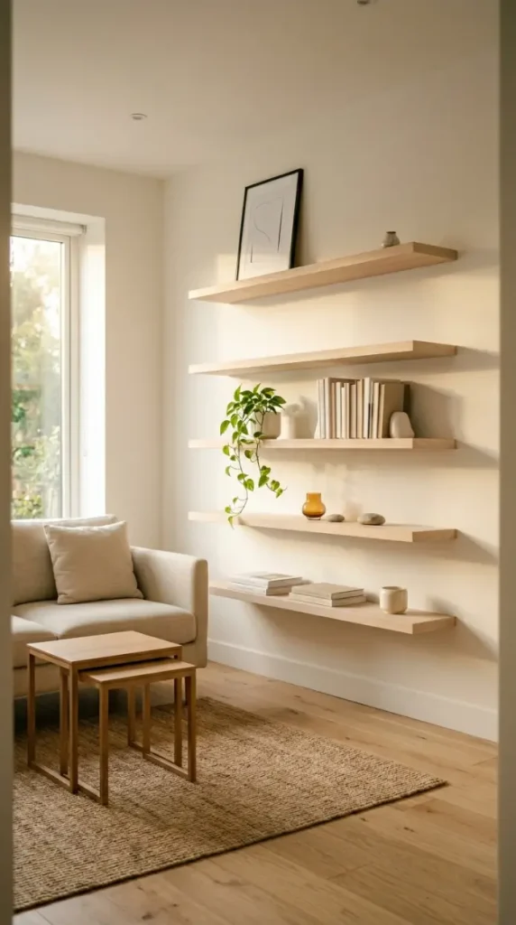 20 Minimalist Living Room Small Spaces Multifunctional 10 10. Floating Shelves Replacing Freestanding Furniture