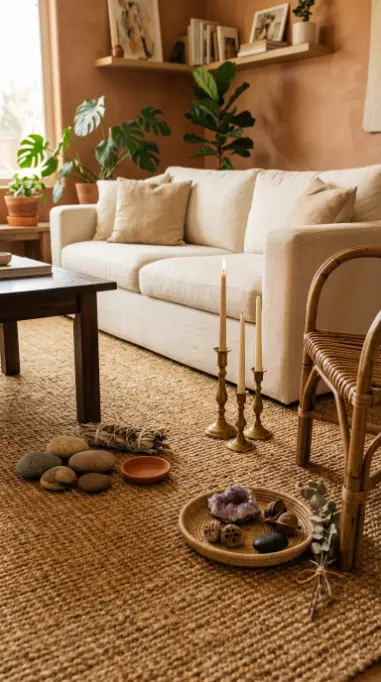 14 Bohemian Rugs Natural Jute Seagrass Earthy Living Room 10 10. Jute Rug With Collected Vintage Object Vignettes