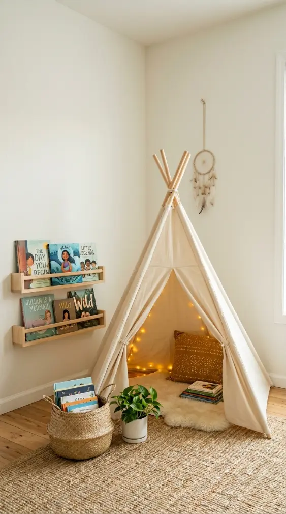 10 Kids Room Corner Decor Inspiration Cozy Reading Teepee 10 10. Keep the Corner Walls Minimal to Let the Teepee Be the Hero