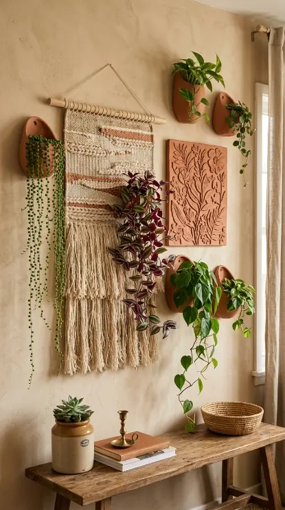 14 Bohemian Wall Decor Terracotta Ceramic Relief Mixed Media 10 10. Layered Textile and Ceramic Wall Composition With Trailing Plants