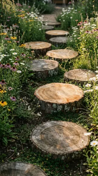 22 DIY Outside Play Area for Kids Natural Log and Stump 10 10. Log Section Stepping Rounds Through Garden Beds