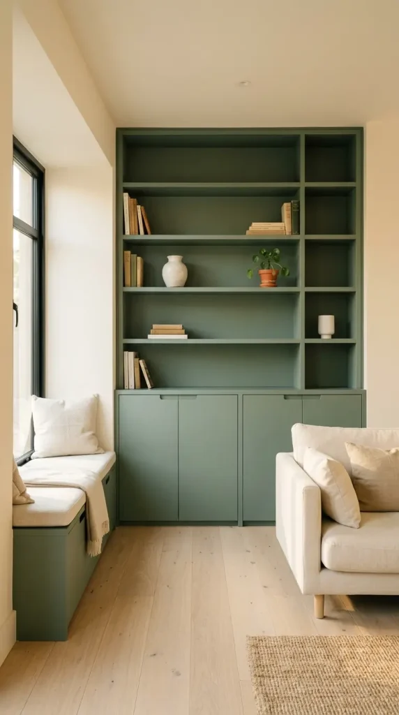 13 Minimalist Living Room Small Spaces Built-In Storage 10 10. Minimalist Built-In Storage in Soft Sage Green