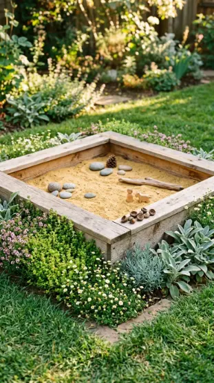 22 DIY Kids Playground Sandbox and Water Table for Small Yards 10 10. Nature-Integrated Sandbox With Real Planting Around