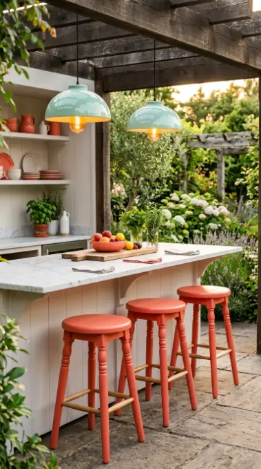 22 Colorful Summer Kitchen Decor Ideas Outdoor Coral Mint 10 10. Outdoor Kitchen Bar With Coral Painted Stools and Mint Pendant Lights