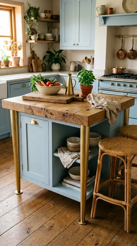 12 Bohemian Kitchen Pale Blue Vintage Range Brushed Gold 10 10. Pale Blue Kitchen With Warm Timber Floating Island and Brushed Gold Feet
