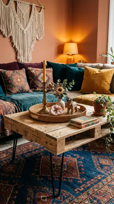 12 Rustic Wood Pallet Tables Inspiration Hairpin Leg Coffee 10 10. Pallet Coffee Table Styled for Bohemian Living Room